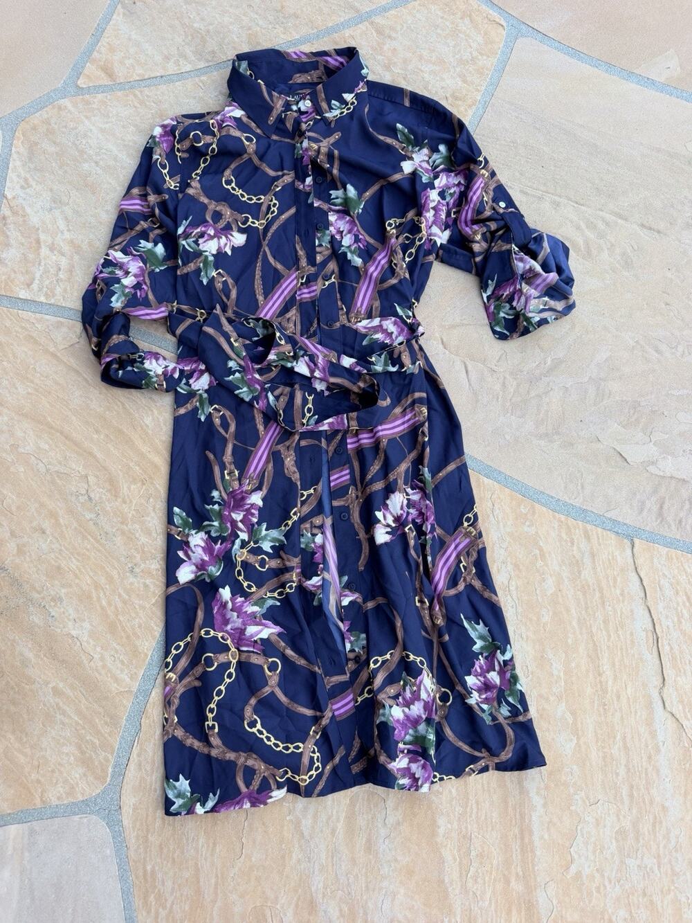 Lauren Ralph Lauren Floral-Print Belted Dress Navy Size 16 Fall 2024 NWT CB